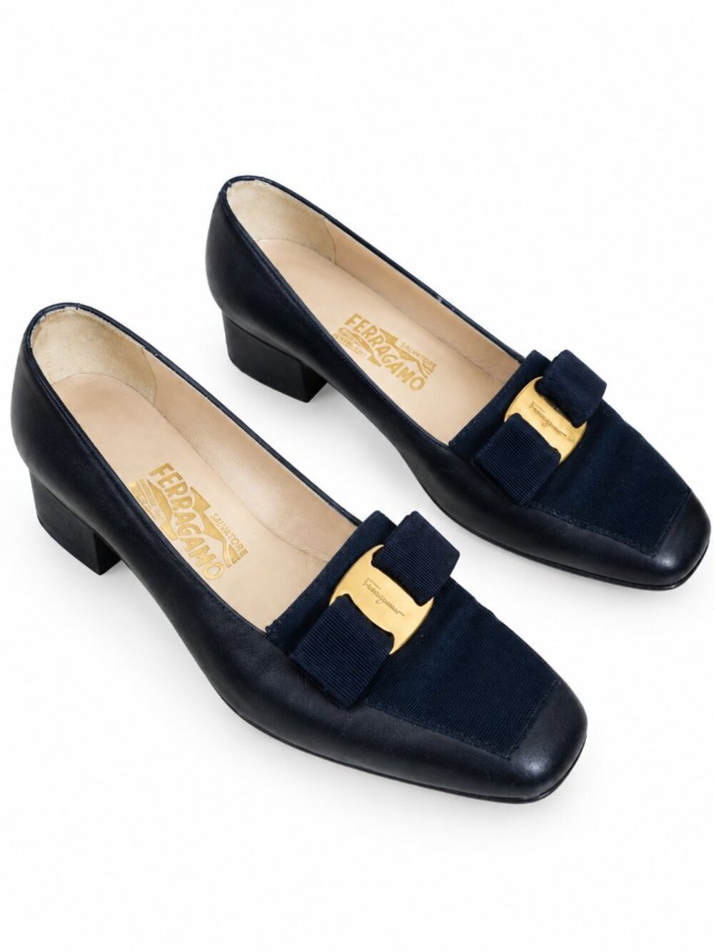 Salvatore Ferragamo Vara Bow Oxford Loafers Navy Black Gold 36 US 5 0780